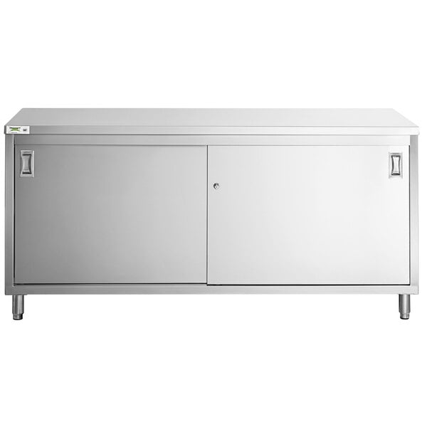 A stainless steel Regency enclosed base table with sliding doors.