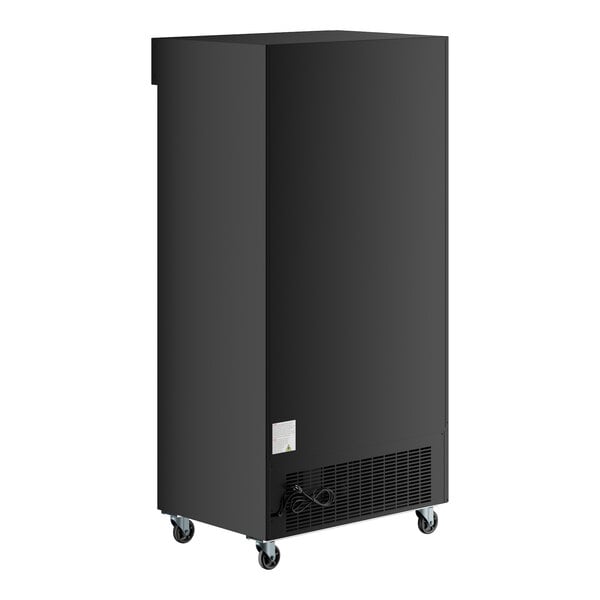 A black sliding glass door merchandiser refrigerator with LED lighting and caster wheels.