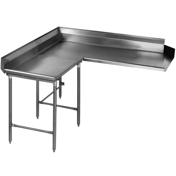 An Eagle Group stainless steel L-shape dishtable with legs.