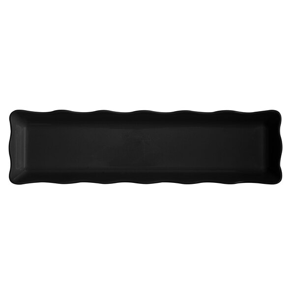 A black rectangular melamine display tray with wavy edges.
