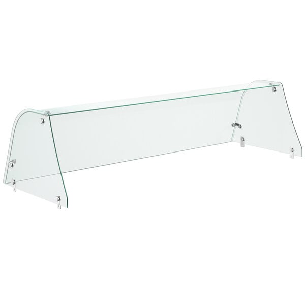 An Avantco curved glass sneeze guard with a metal frame.