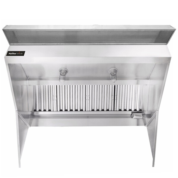 A stainless steel Halifax commercial kitchen hood with a vent.