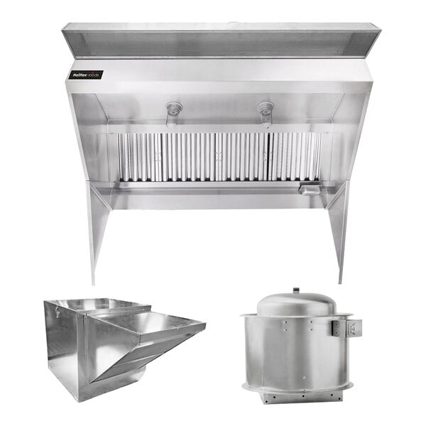 A commercial kitchen hood system package with a sloped front hood, makeup air unit, and exhaust fan, designed for low ceiling installations.
