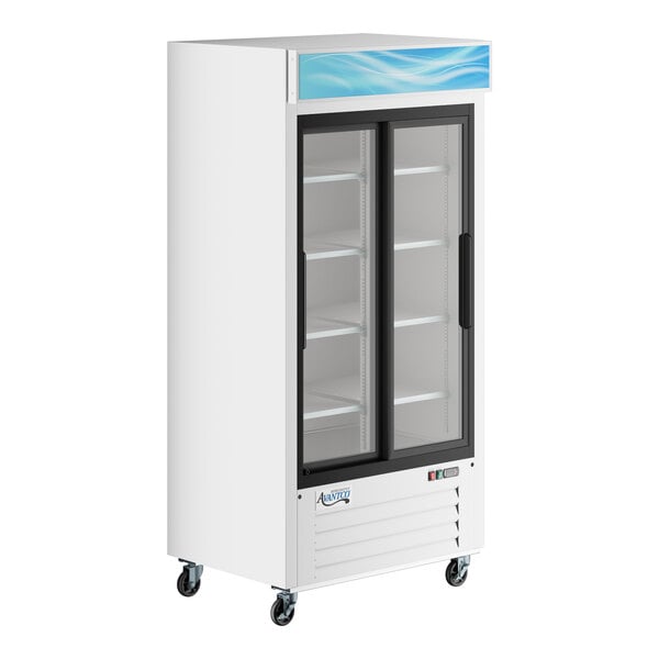 An Avantco white customizable glass door refrigerator on wheels.