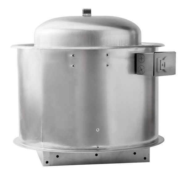 A large stainless steel commercial kitchen hood system with a sloped front and low ceiling design.