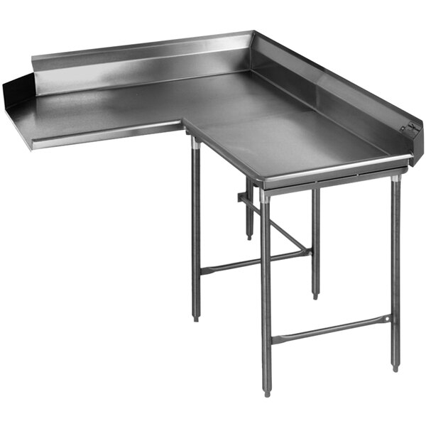 A stainless steel corner table with an L-shape.