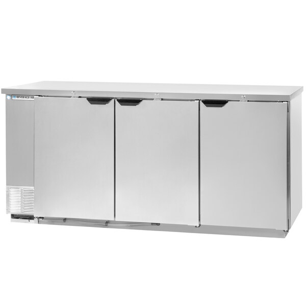 A stainless steel Beverage-Air back bar refrigerator with three doors.