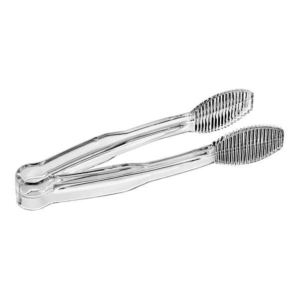 A pair of clear plastic tongs with a metal grip.
