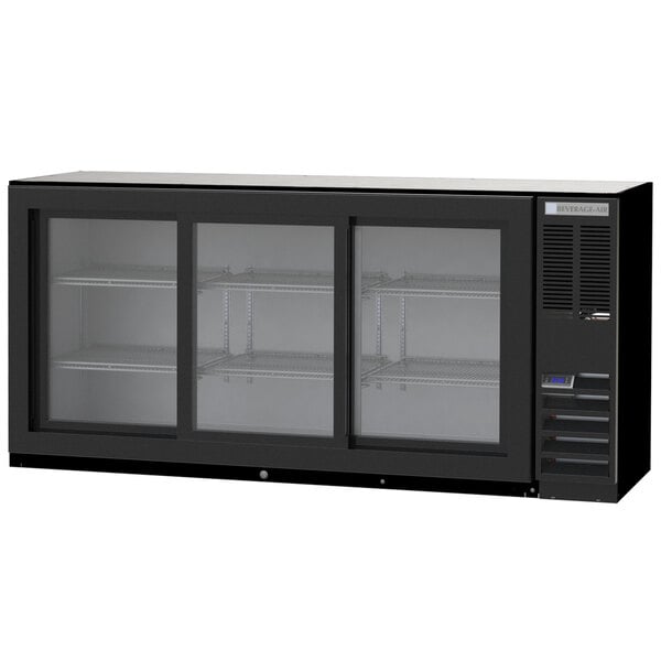 A Beverage-Air black underbar back bar refrigerator with sliding glass doors.