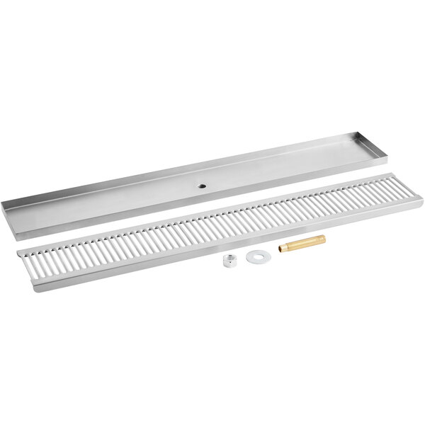 A Regency stainless steel surface mount beer drip tray with a drain and nut.