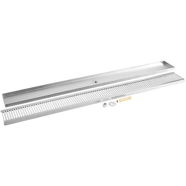 A Regency stainless steel surface mount beer drip tray with a drain tube.