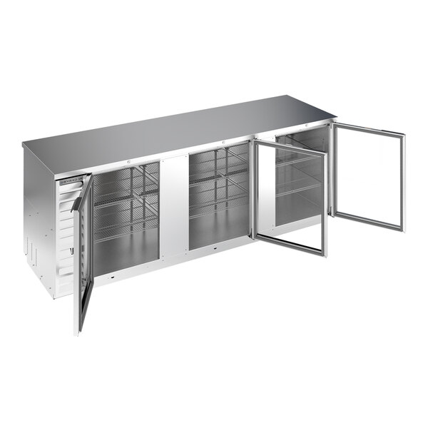 A stainless steel counter height back bar refrigerator with three glass doors and interior shelving.