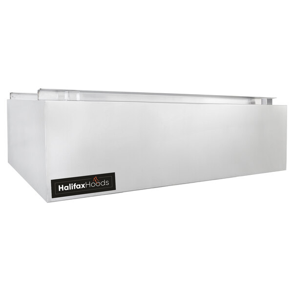 A white rectangular stainless steel Halifax heat and fume removal hood with a black label.