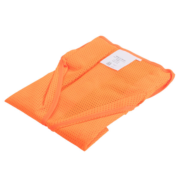 An orange mesh Cordova safety vest folded up on a white background.