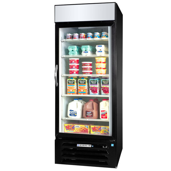 A Beverage-Air black refrigerated glass door merchandiser full of dairy products.