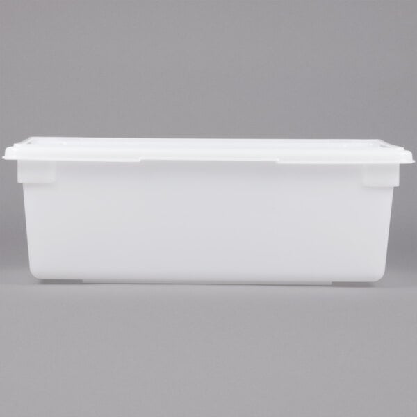 A white Rubbermaid polyethylene food storage box with a lid.