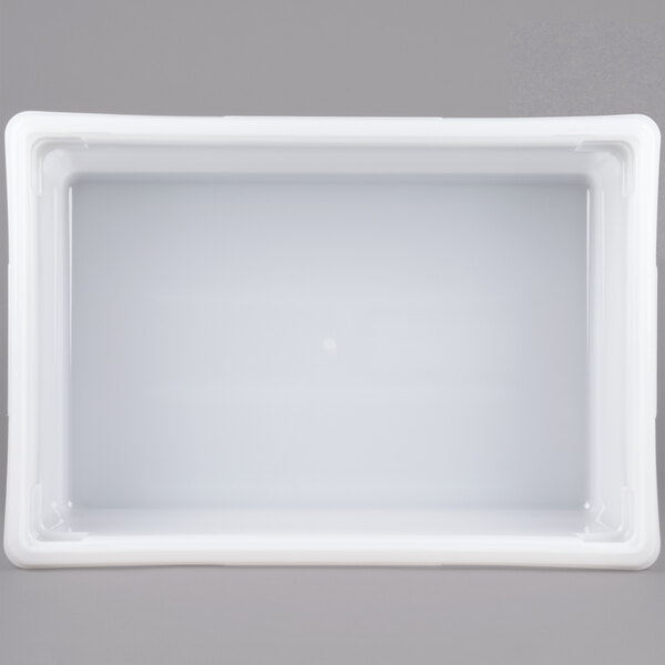 A white Rubbermaid polyethylene food storage container with a lid.