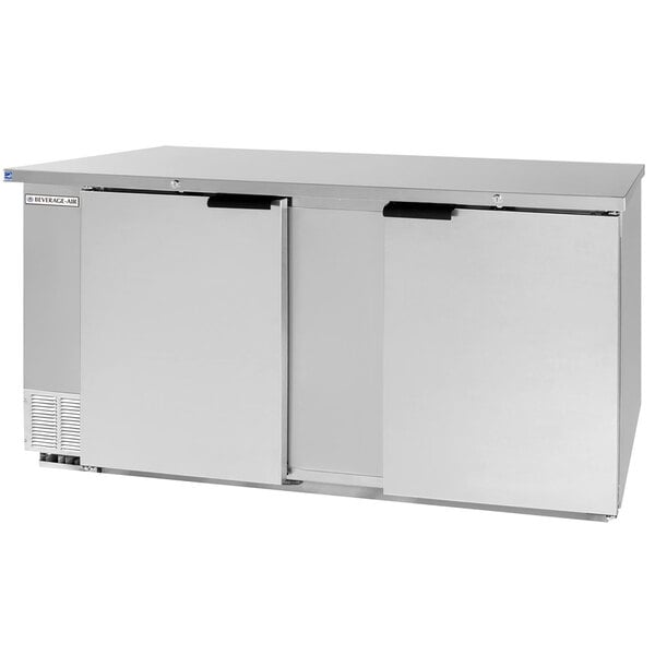 A stainless steel Beverage-Air back bar refrigerator with two solid doors.