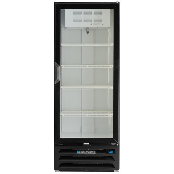 A Beverage-Air black glass door merchandiser freezer with white shelves.