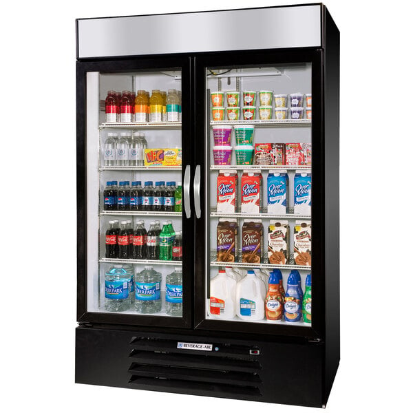 A black Beverage-Air market refrigerated with drinks and beverages behind glass doors.