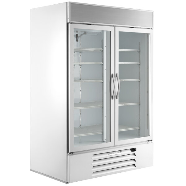 A white Beverage-Air glass door merchandiser freezer.