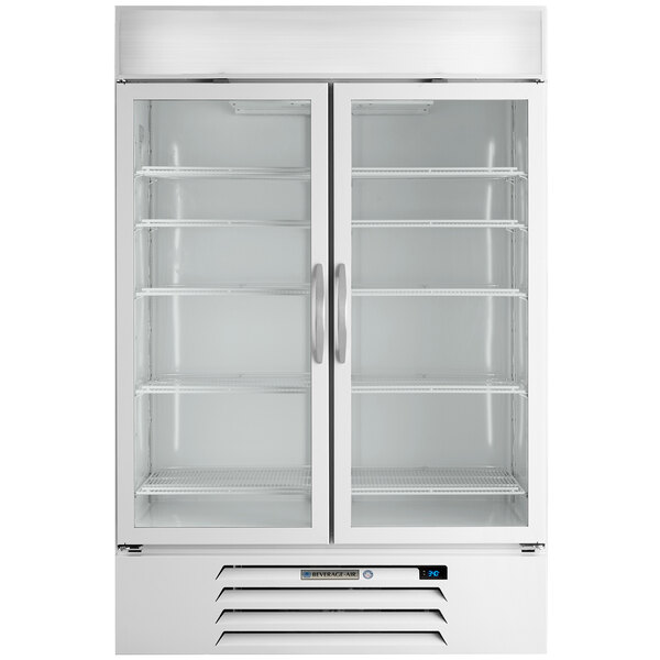 A white Beverage-Air glass door merchandiser with two doors.