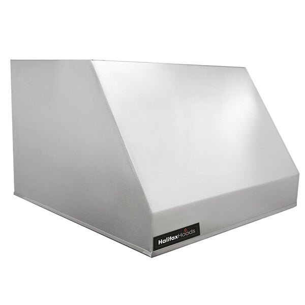 A white rectangular object with a black logo: A white rectangular stainless steel Halifax Outdoor Hood with a black logo.