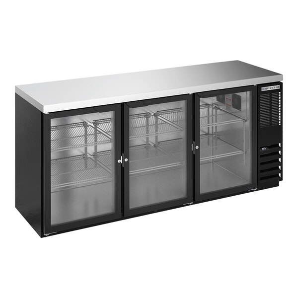 A black Beverage-Air back bar refrigerator with glass doors.
