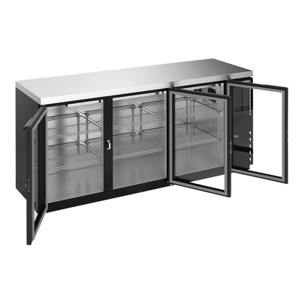 A black Beverage-Air back bar refrigerator with two glass doors open.