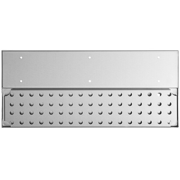 A close-up of a Regency stainless steel metal plate with holes.