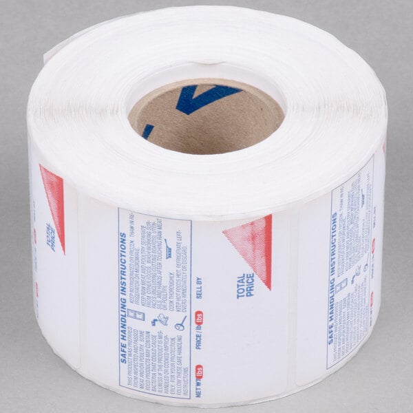 A Globe E12 Safe Handling label roll with white paper and red and blue stickers.