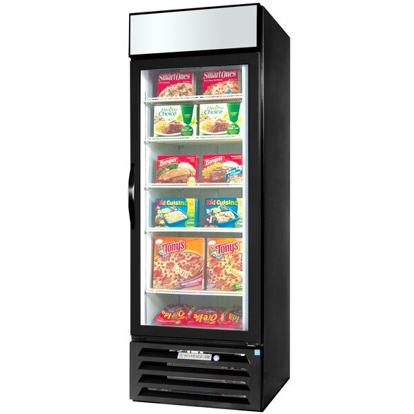 A Beverage-Air glass door merchandiser freezer with black doors full of boxes of pizza.