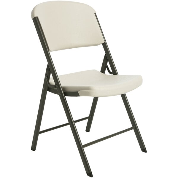 A white Lifetime Classic folding chair with black metal legs.