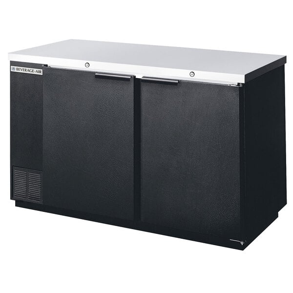 A black Beverage-Air back bar refrigerator with two solid doors.