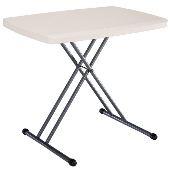 A white rectangular table with metal legs.