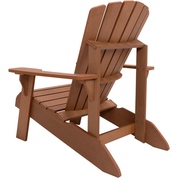 A brown wooden Lifetime Adirondack chair with armrests.