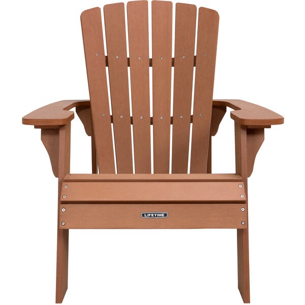 A close up of a brown wooden Lifetime Adirondack chair with armrests.