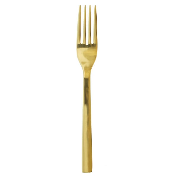 A close up of a Oneida Chef's Table Gold stainless steel salad fork with a gold handle.