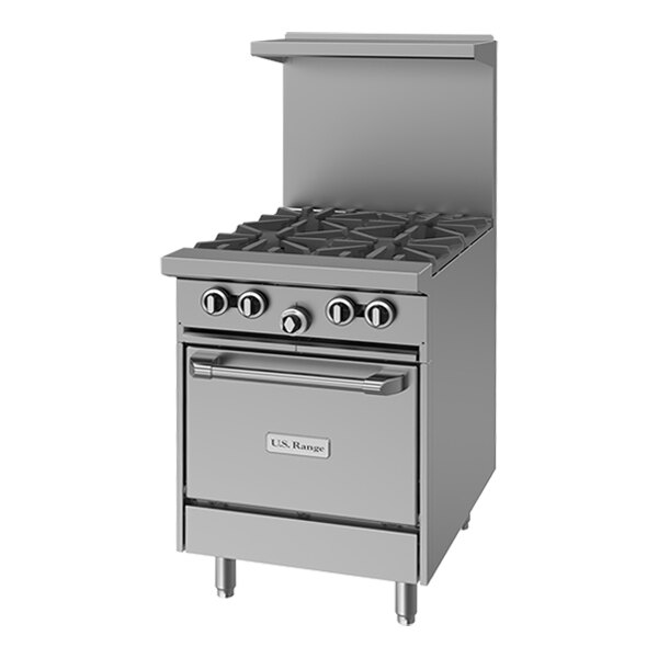 A stainless steel 24-inch natural gas range with four burners and a space saver oven.