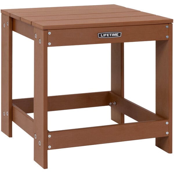 A brown wood Lifetime Adirondack table on a metal base.