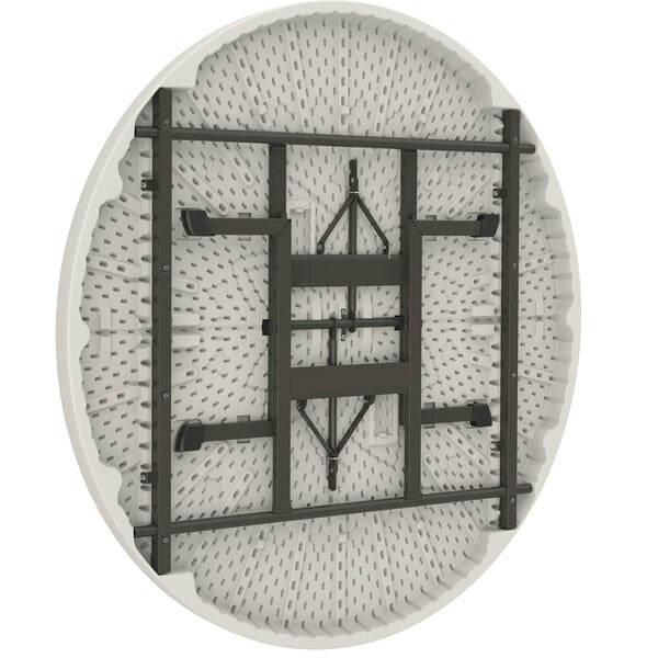 A white round Lifetime plastic folding table with black metal legs.