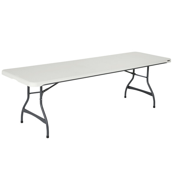 A white rectangular Lifetime folding table with black legs.