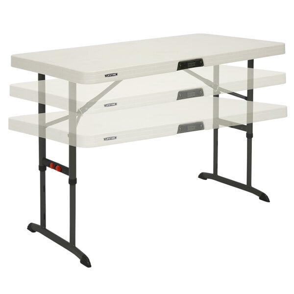 A white Lifetime plastic folding table with adjustable legs.