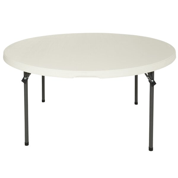 A Lifetime almond plastic round table with black legs.