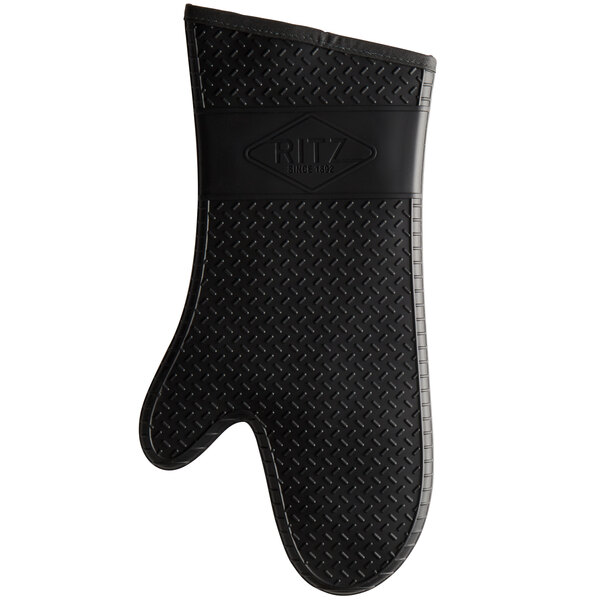 A black RITZ silicone oven mitt with a logo on it.