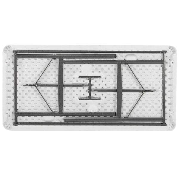 A white rectangular Lifetime plastic folding table with metal bars.