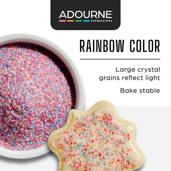 Graphic showing rainbow sanding sugar on a cookie with product features.