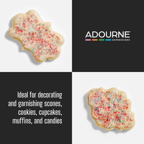 Graphic showing rainbow sanding sugar on cookies with suggested decorating uses.