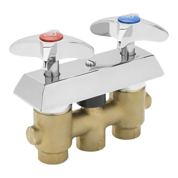 A T&S wall mounted brass mixing faucet with four arm handles.