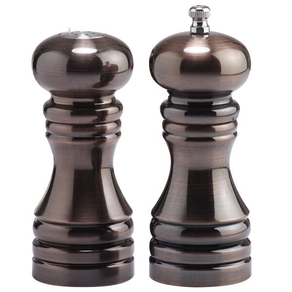 A Chef Specialties salt and pepper shaker set with a black finish.